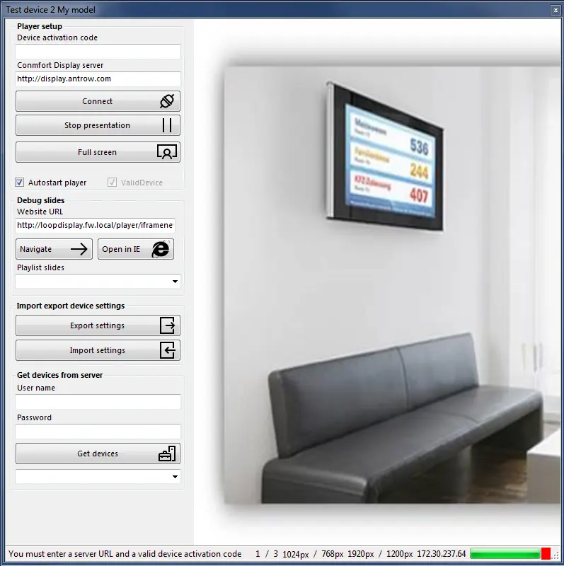 Screenshot of the new version of our Comfort Display windows player